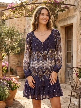 Xhilaration Navy Blue and Cream Long Sleeve Boho Dress
